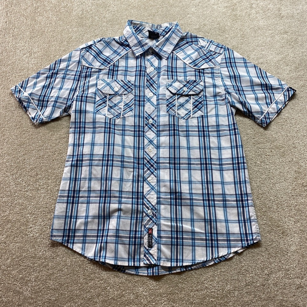 Southpole‎ Men's Dress Shirt Large Blue Plaid Cotton Polyester